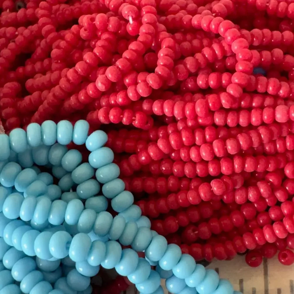 160 Grams Mixed Lot Red and Blue Rocaille Glass Seed Beads on Hank Vintage